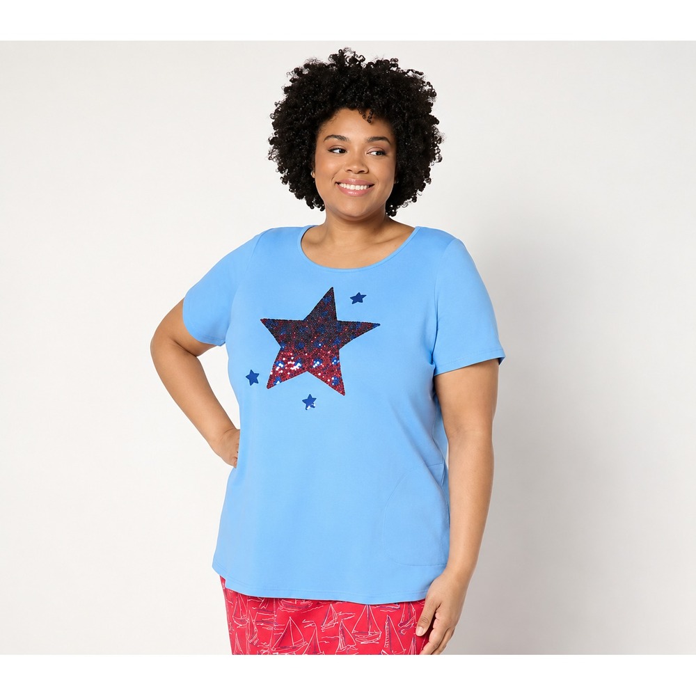 Quacker Factory Star Spangled Short Sleeve French Terry Top Blue Bonnet, Large